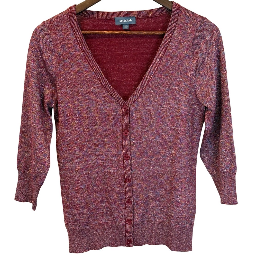 ModCloth Charter School Festive‎ Metallic Cardigan Red Purple Multi Size Medium